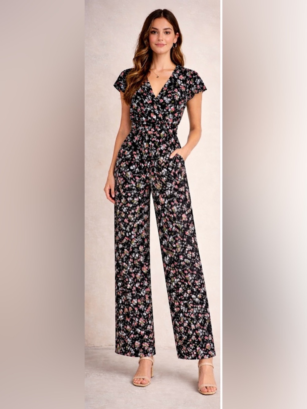 Hayden Los Angeles Floral Jumpsuit Black Pink Wide Leg Full Length Size L NWT